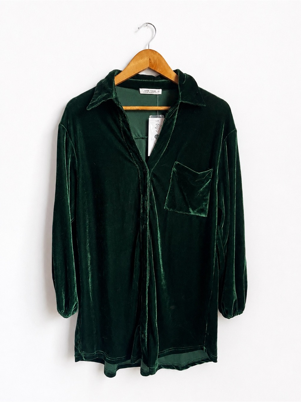 NWT 12th Tribe Emerald Green Velvet ShirtDress or Oversized Top